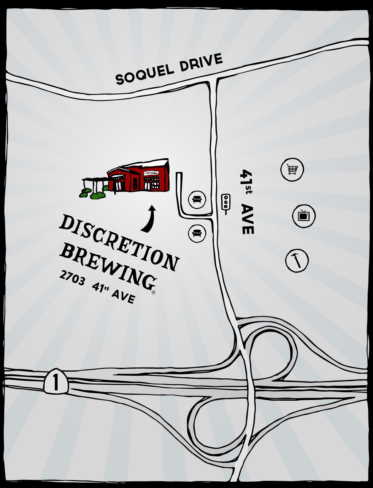 Illustrated map of of Discretion Brewing locaiton